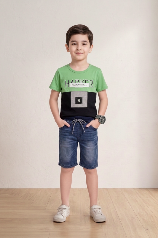 Boys' 2-Piece Denim Shorts Set - Green Graphic T-Shirt & Jeans Shorts