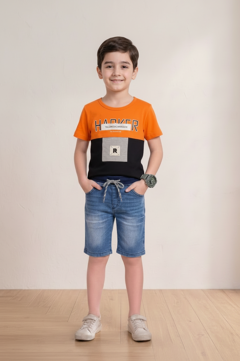 Boys' 2-Piece Denim Shorts Set - Orange Graphic T-Shirt & Jeans Shorts