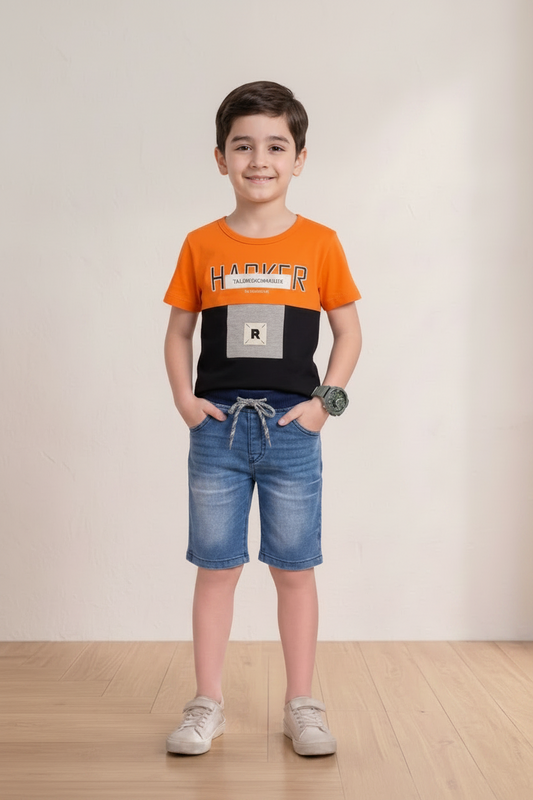 Boys' 2-Piece Denim Shorts Set - Orange Graphic T-Shirt & Jeans Shorts