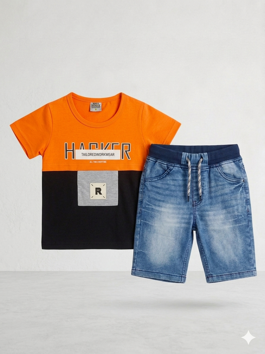 Boys' 2-Piece Denim Shorts Set - Orange Graphic T-Shirt & Jeans Shorts