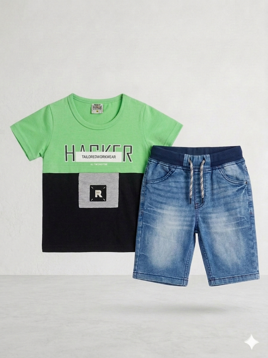 Boys' 2-Piece Denim Shorts Set - Green Graphic T-Shirt & Jeans Shorts