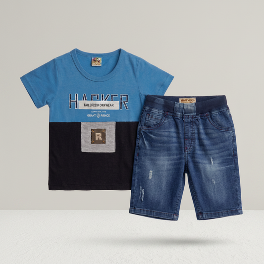 Boys' 2-Piece Denim Shorts Set - Blue Graphic T-Shirt & Jeans Shorts
