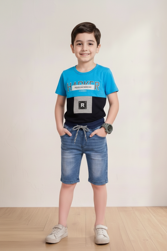 Boys' 2-Piece Denim Shorts Set - Blue Graphic T-Shirt & Jeans Shorts