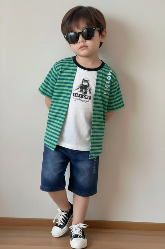 Boys' 2-Piece Outfit Set - Green and white Striped shirt with Denim Shorts