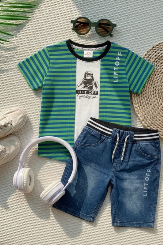 Boys' 2-Piece Outfit Set - Green and white Striped shirt with Denim Shorts