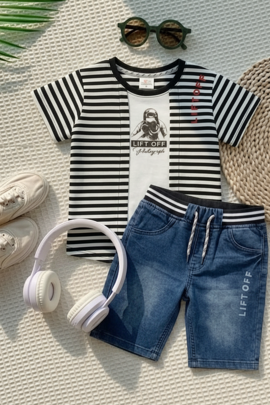 Boys' 2-Piece Outfit Set - Black and white Striped shirt with Denim Shorts