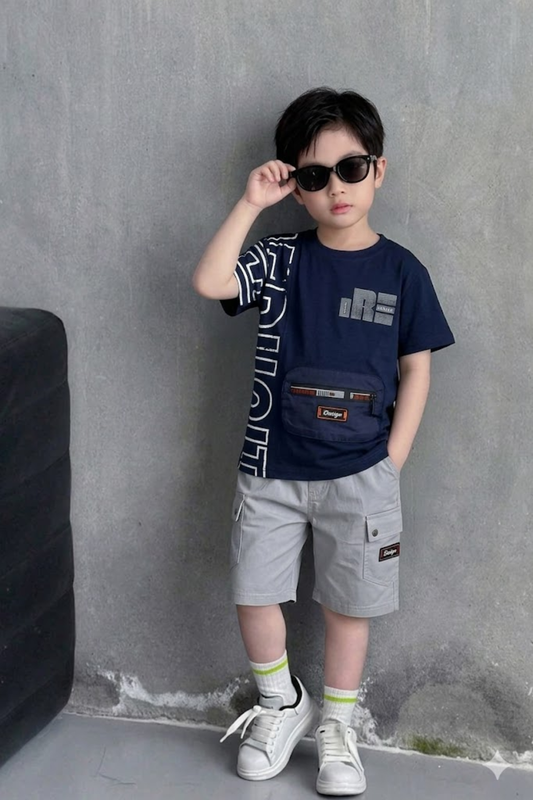 Navy Graphic Tee with Cargo Shorts