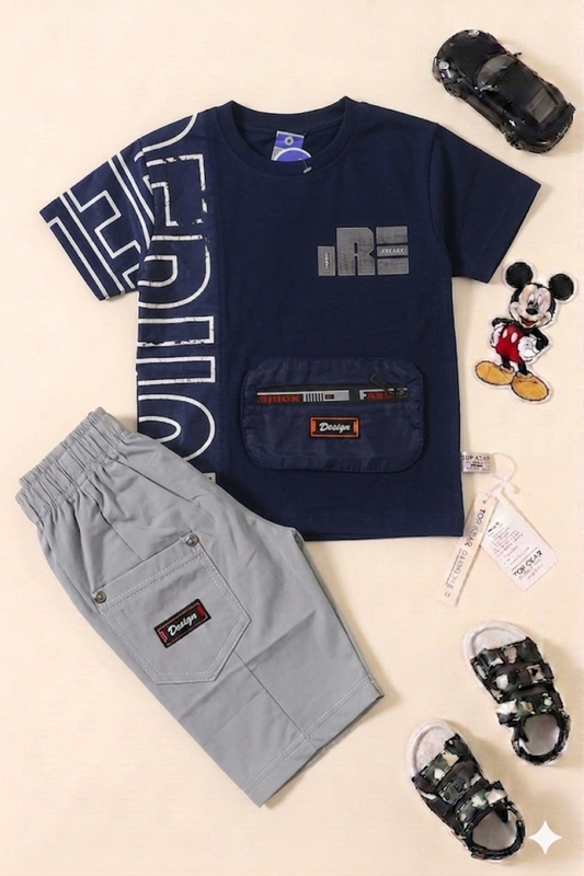 Navy Graphic Tee with Cargo Shorts