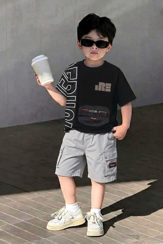 Black Graphic Tee with Cargo Shorts