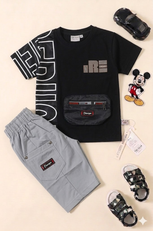 Black Graphic Tee with Cargo Shorts