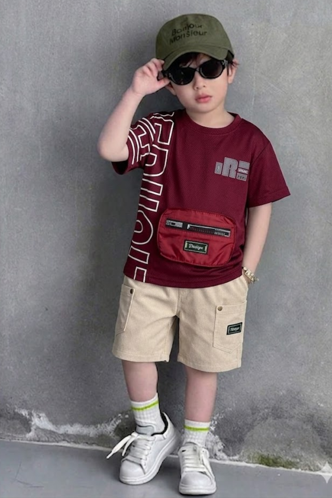 Maroon Graphic Tee with Cargo Shorts