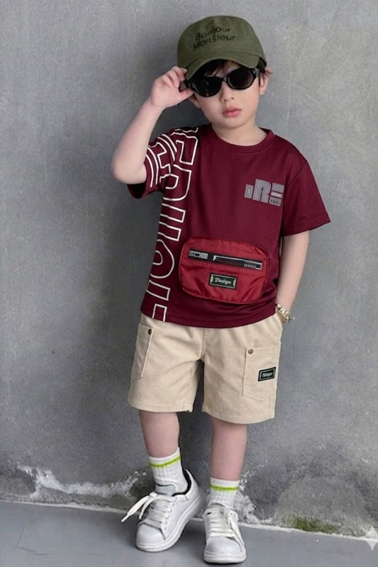 Maroon Graphic Tee with Cargo Shorts
