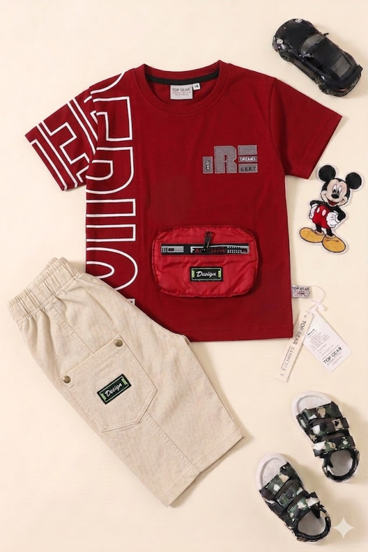 Maroon Graphic Tee with Cargo Shorts