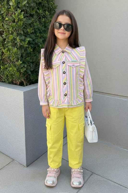 Pastel Stripe Ruffle Shirt with Yellow Trouser