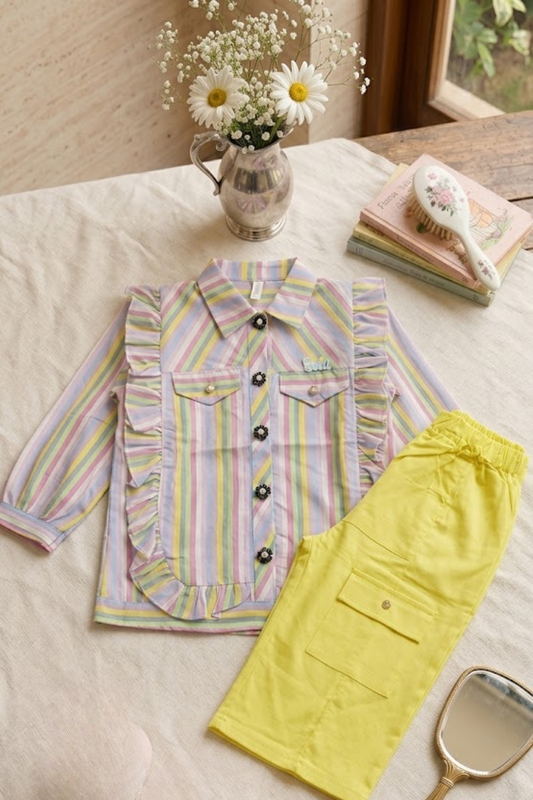 Pastel Stripe Ruffle Shirt with Yellow Trouser