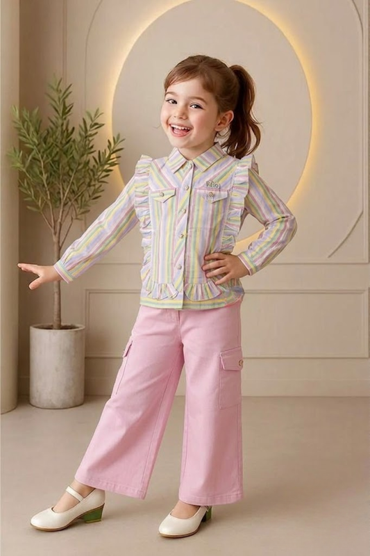 Pastel Stripe Ruffle with Pink Trouser