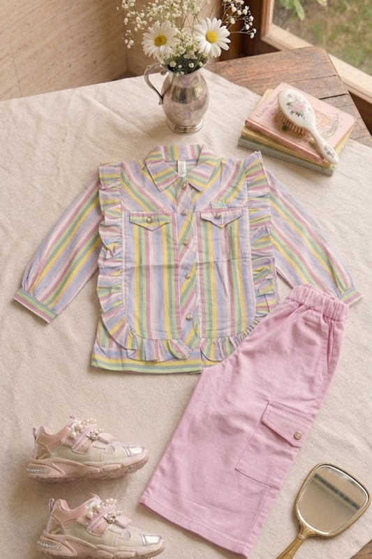 Pastel Stripe Ruffle with Pink Trouser