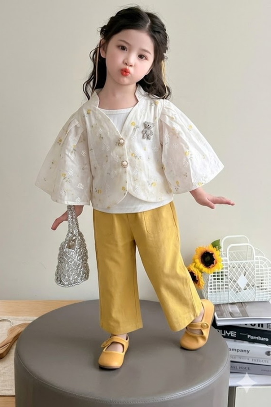 White Floral Top with Yellow Trouser