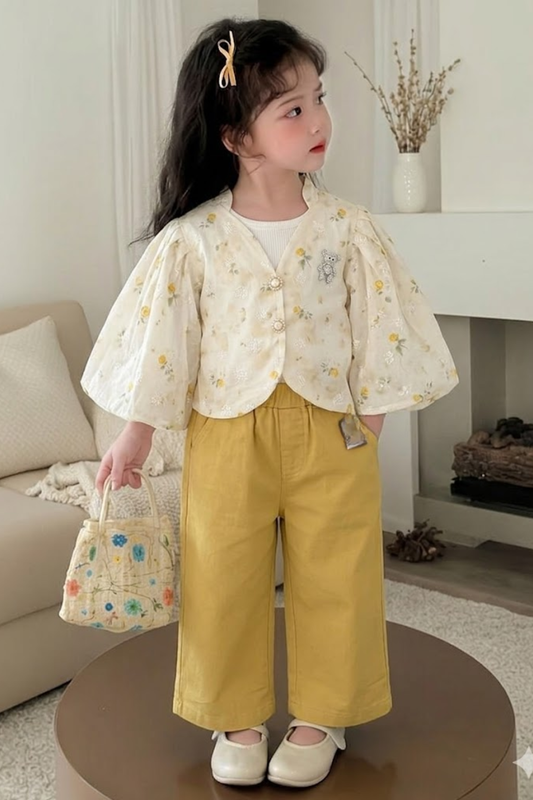 White Floral Top with Yellow Trouser