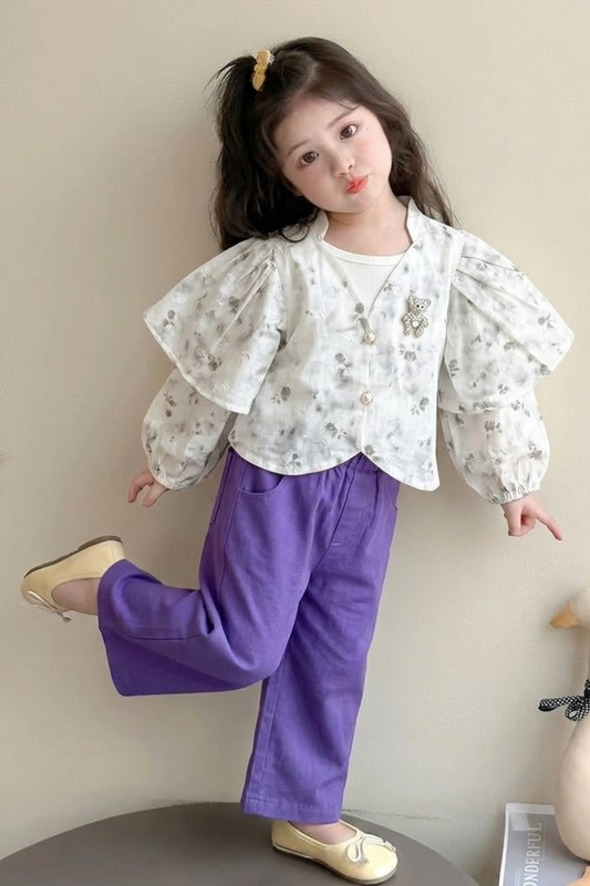 White Floral Top with Purple Trouser