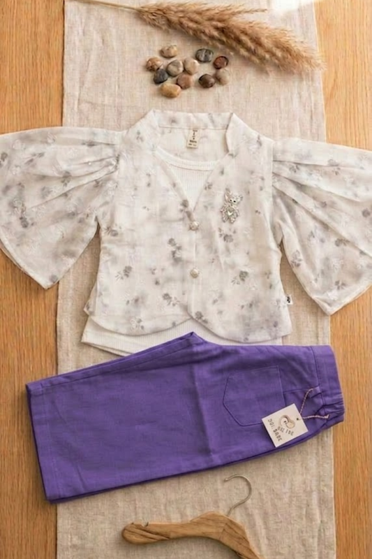 White Floral Top with Purple Trouser