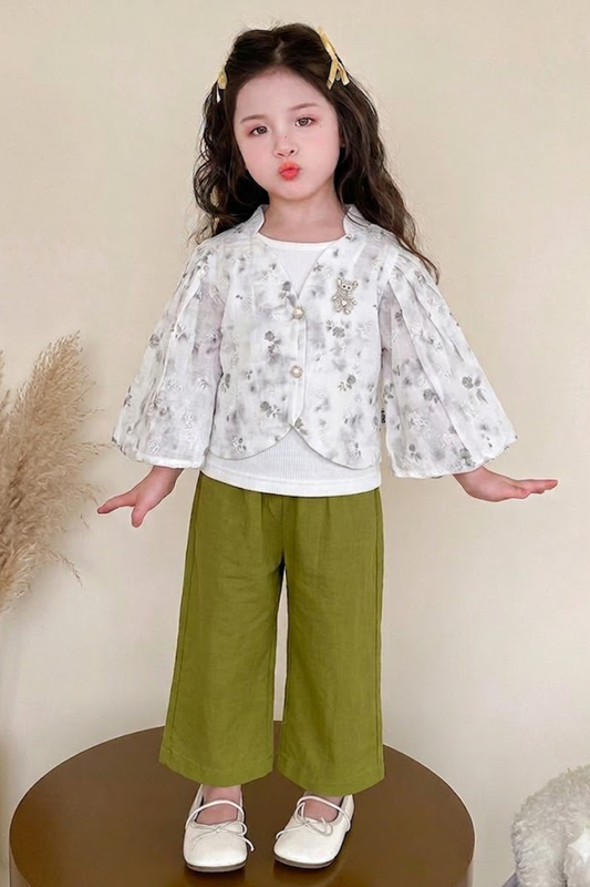 White Floral Top with Green Trouser