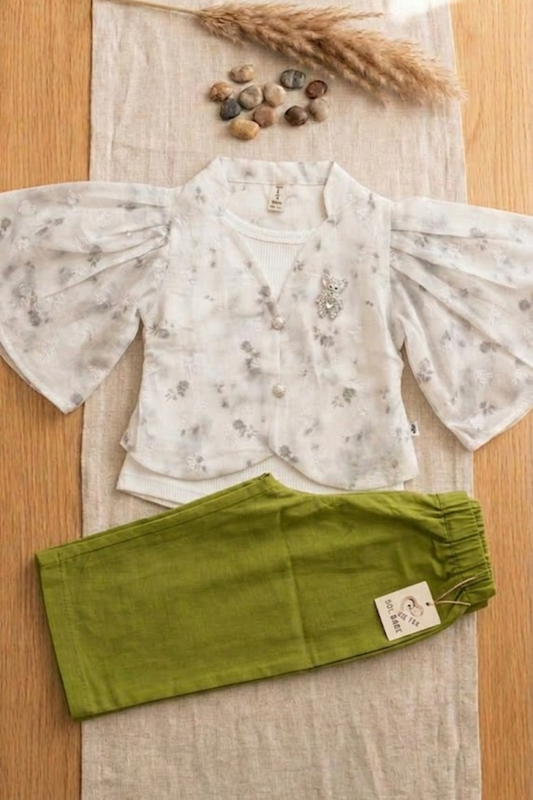 White Floral Top with Green Trouser