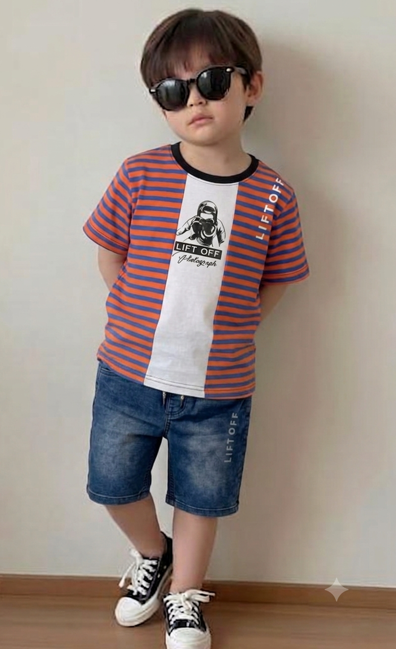 Boys' 2-Piece Outfit Set - Red and blue Striped shirt with Denim Shorts