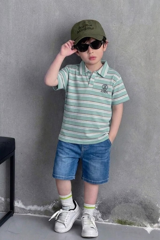 Striped Polo T-shirt with Denim Shorts