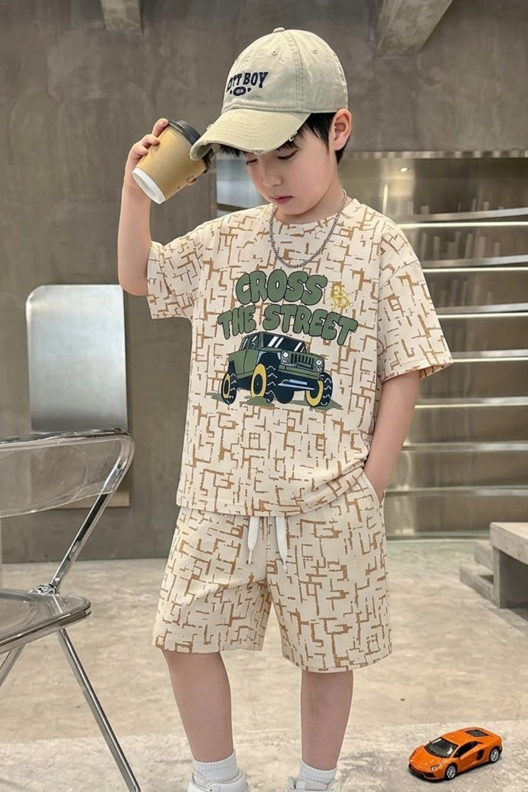 Beige Printed Tee with Matching Shorts