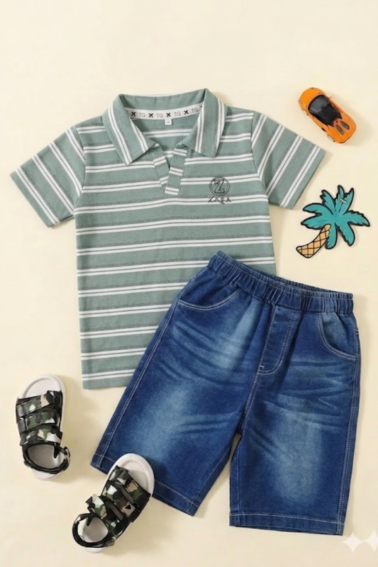 Striped Polo T-shirt with Denim Shorts