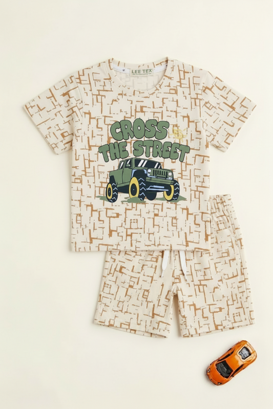 Beige Printed Tee with Matching Shorts