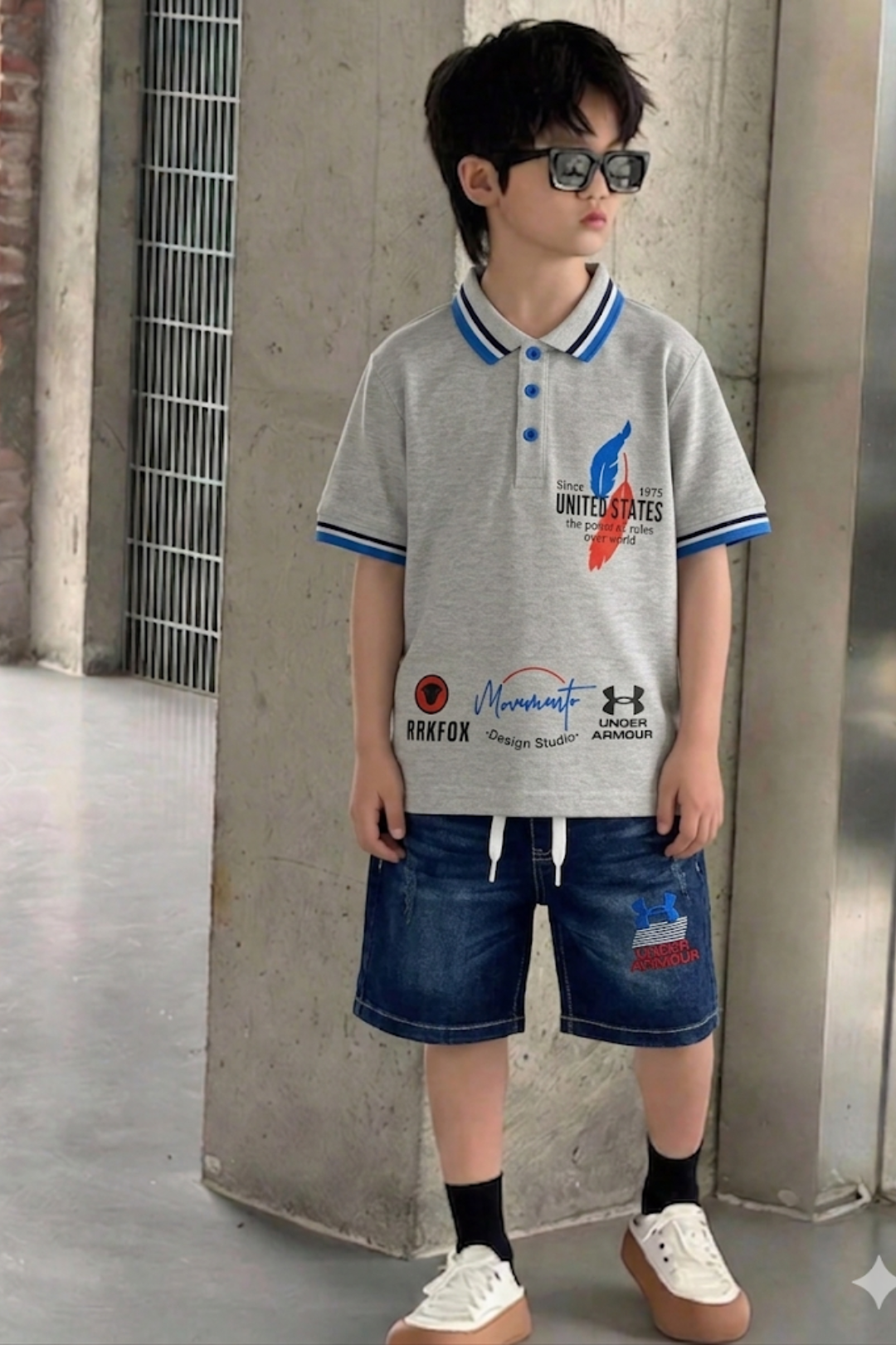 Grey Polo Tee with Dark Denim Shorts