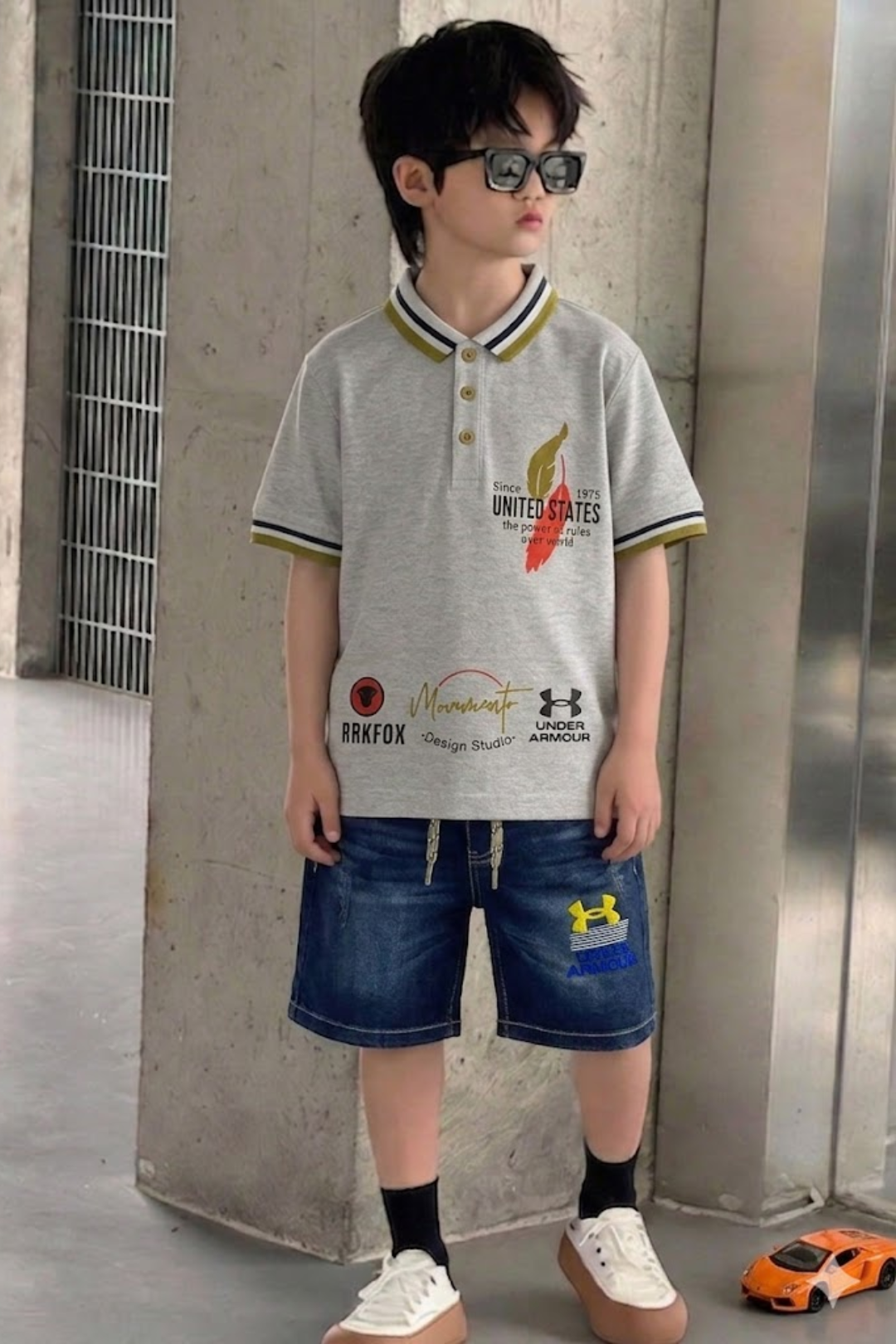 Grey Polo Tee with Dark Denim Shorts