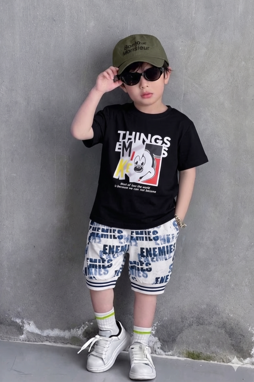 Black Graphic Tee & Printed Shorts