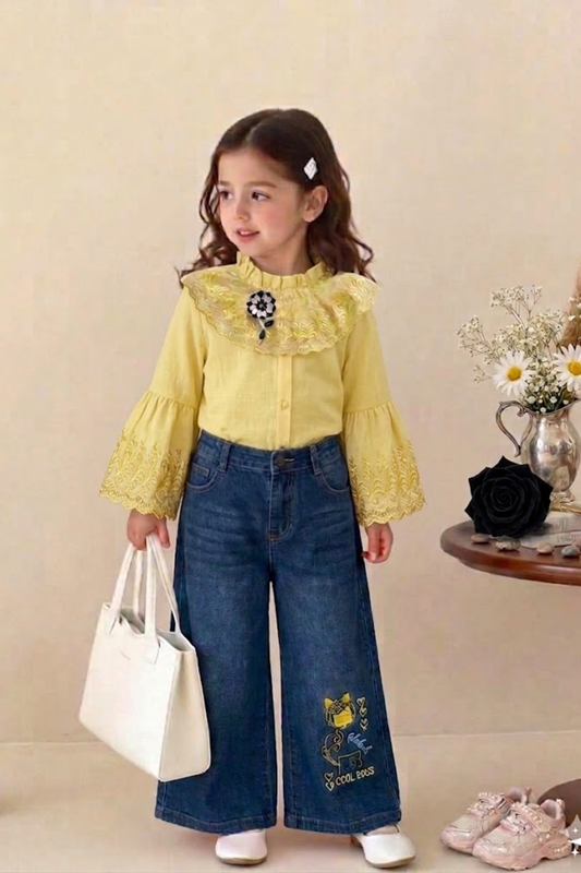 Yellow Lace Tunic with Denim Pant