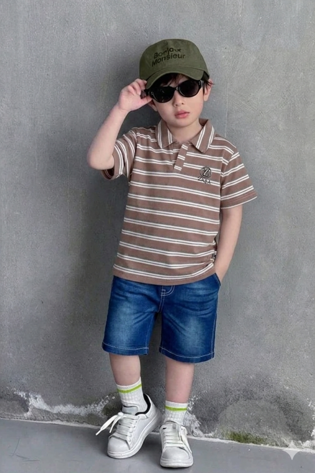 Striped Polo T-shirt with Denim Shorts