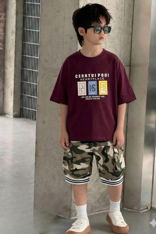 Maroon Graphic Tee with Camouflage Shorts
