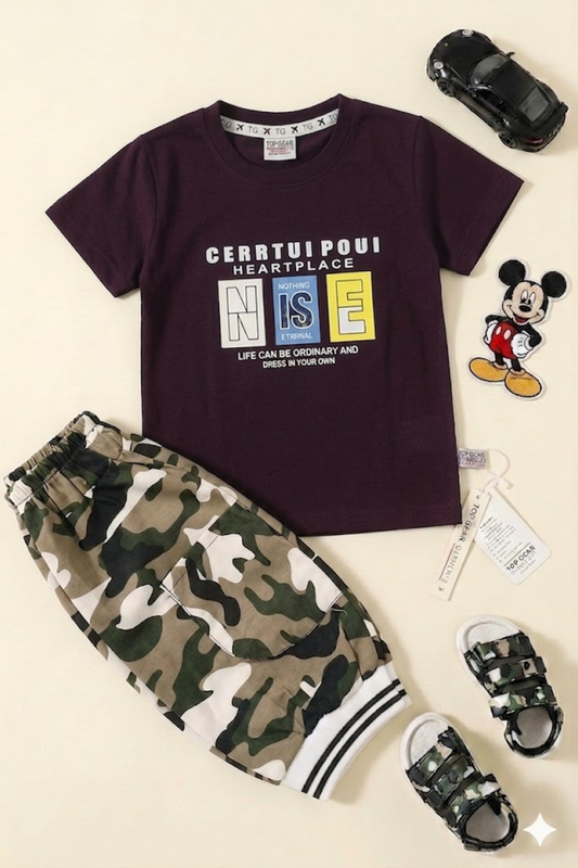 Maroon Graphic Tee with Camouflage Shorts