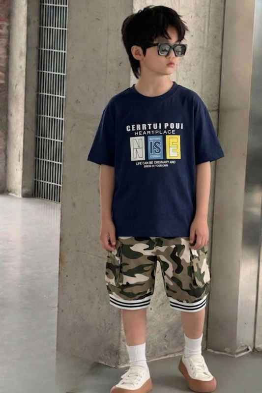 Navy Graphic Tee with Camouflage Shorts