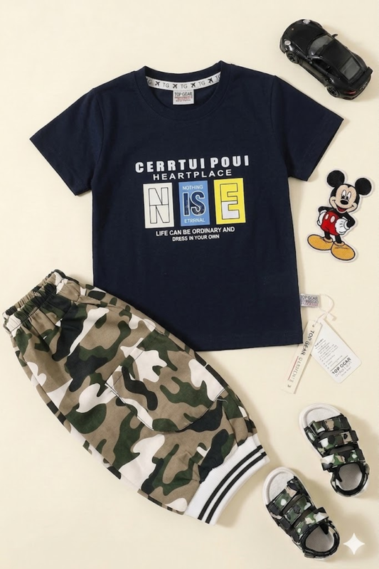 Navy Graphic Tee with Camouflage Shorts