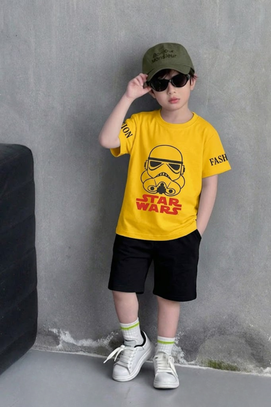 Yellow Star Wars Tee with Black Shorts