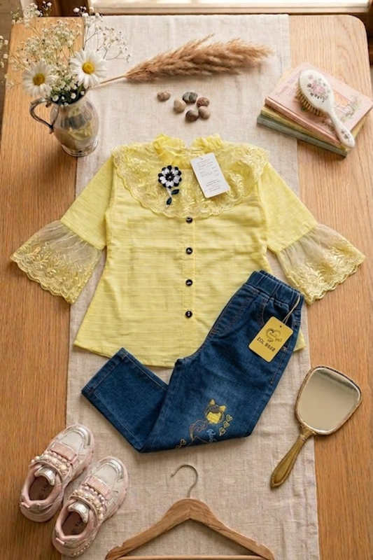 Yellow Lace Tunic with Denim Pant