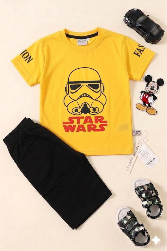 Yellow Star Wars Tee with Black Shorts