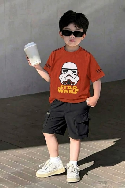 Rust Star Wars Tee with Black Shorts