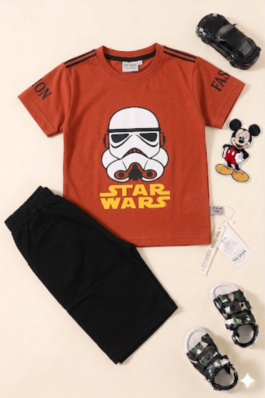 Rust Star Wars Tee with Black Shorts