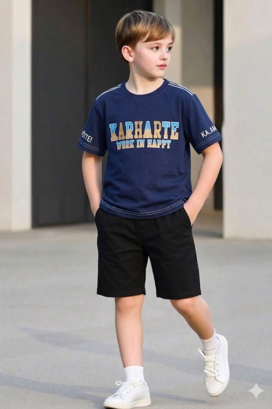 Navy Graphic Tee with Black Shorts
