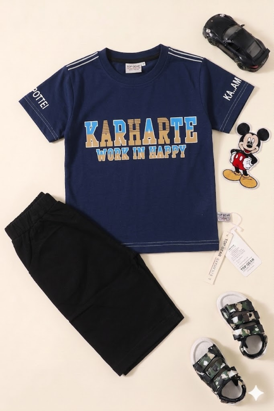Navy Graphic Tee with Black Shorts