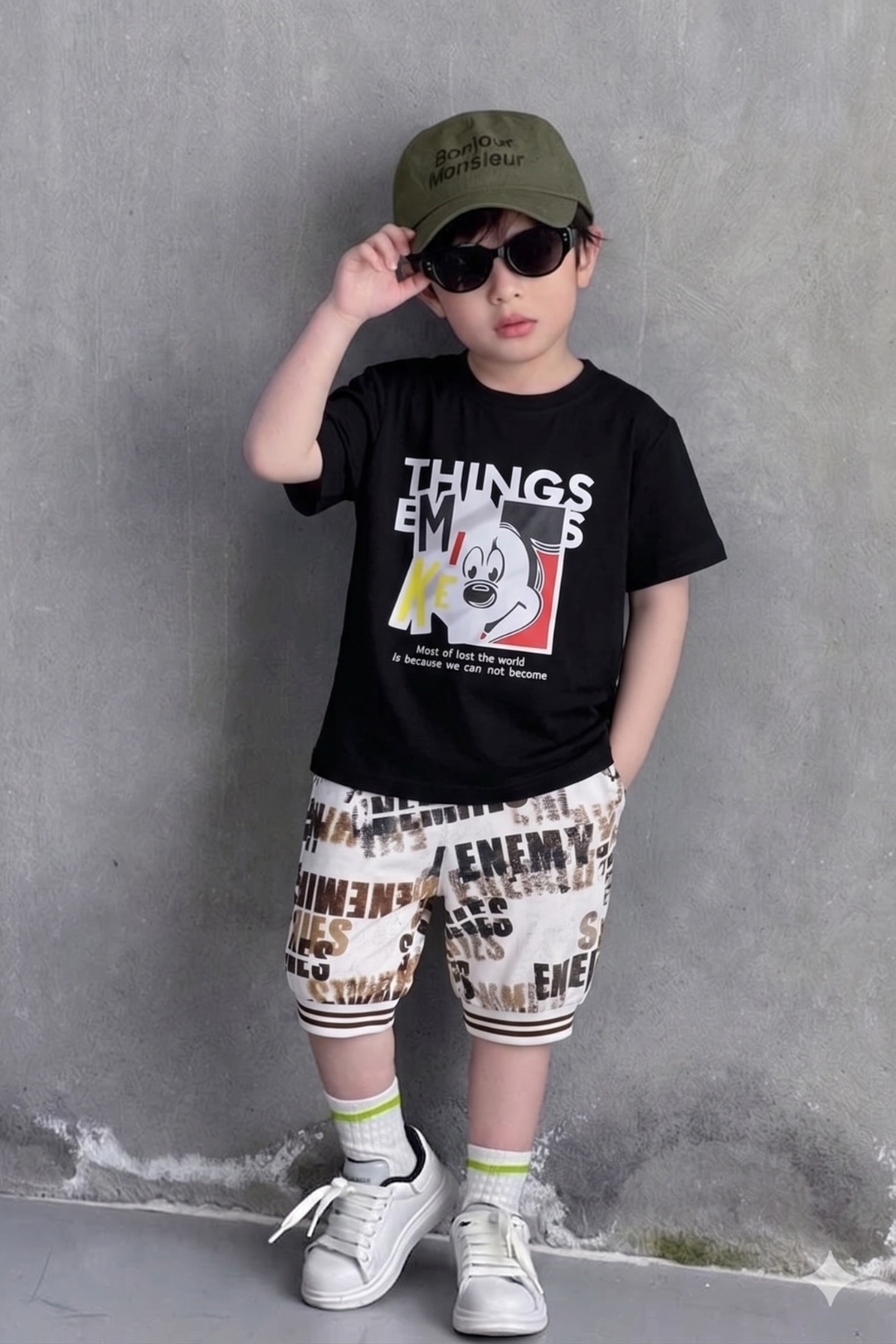 Black Graphic Tee & Printed Shorts