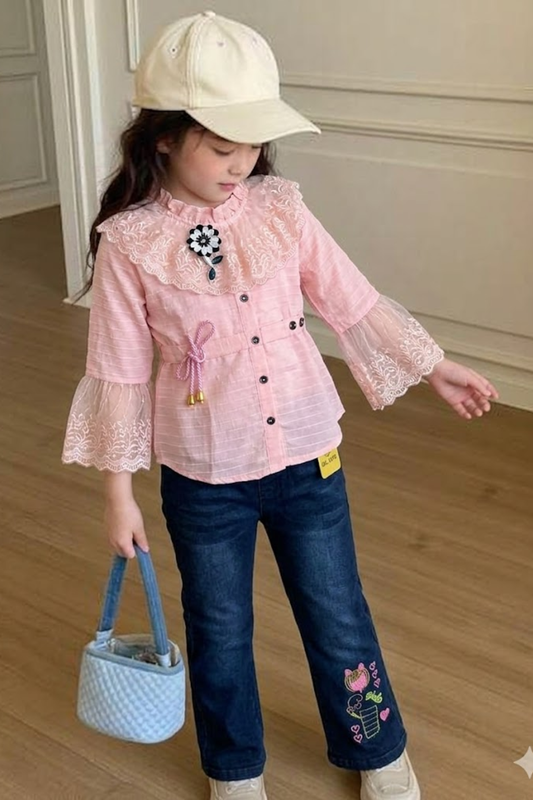 Pink Lace Tunic with Denim Pant